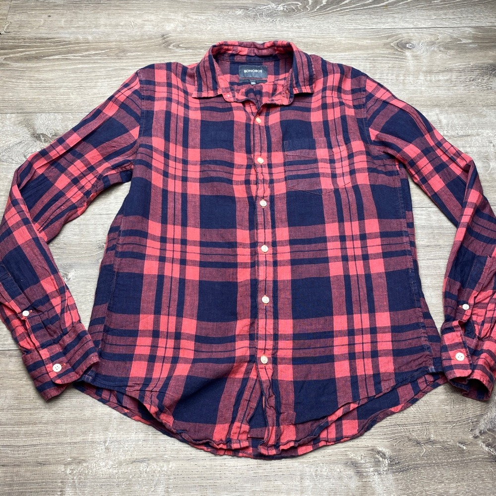 Bonobos Slim Fit Plaid Linen Shirt Mens M Red Navy Blue‎ Long Sleeve Button Down